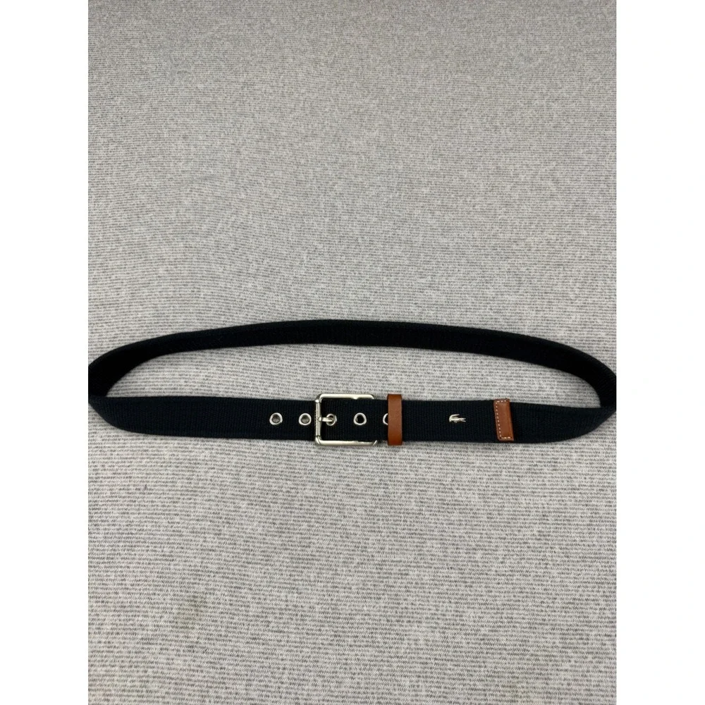 Lacoste Mens Navy Blue Webbed Belt Brown Leather Trim Logo Size 36